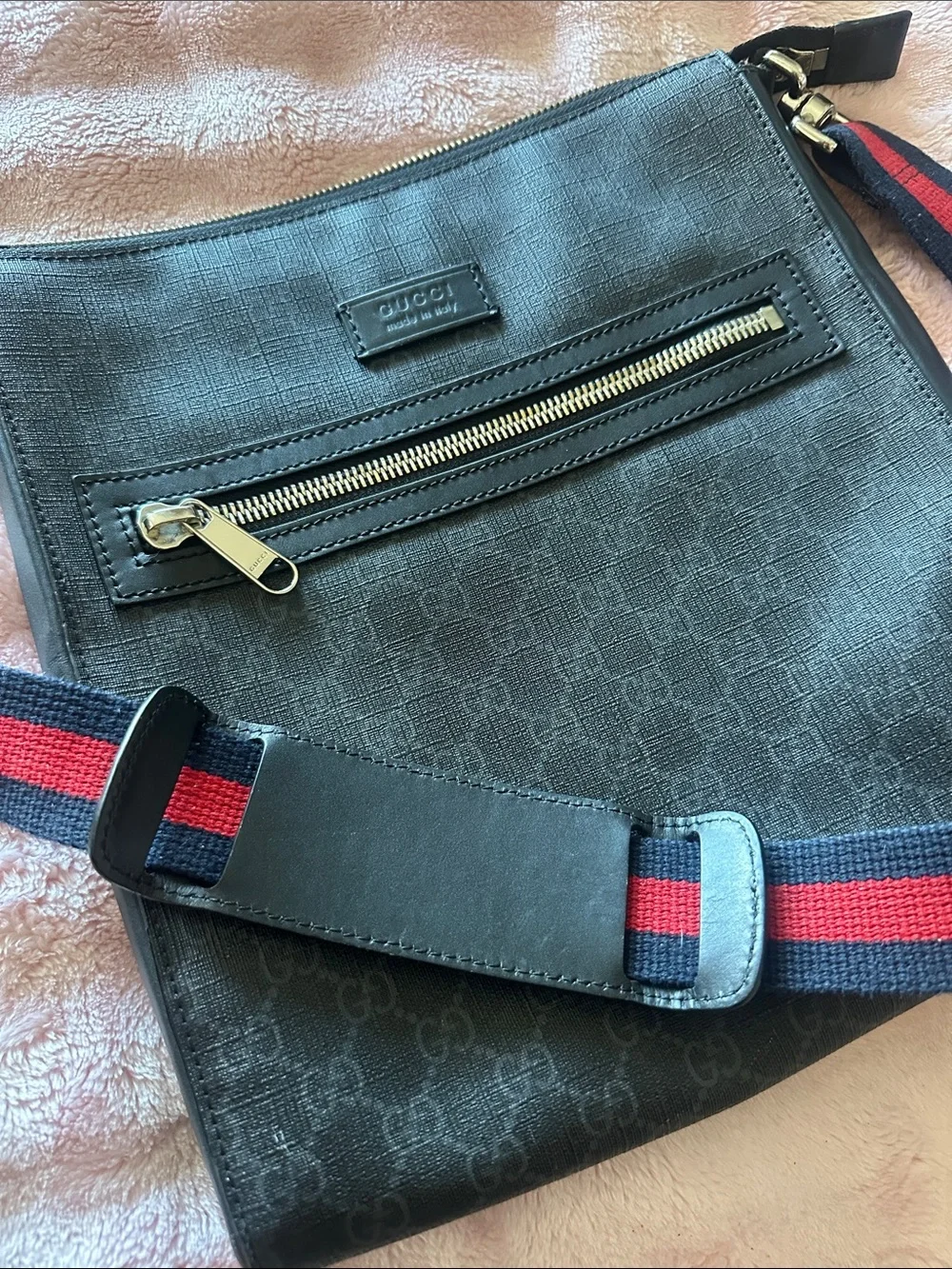 Gucci Black Monogram Messenger Bag with Red-Navy Web Strap